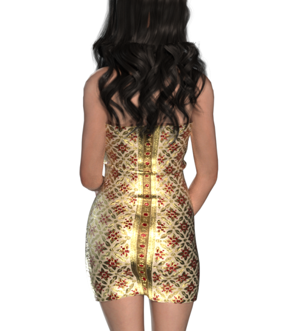 a woman wearing a gold and red dress