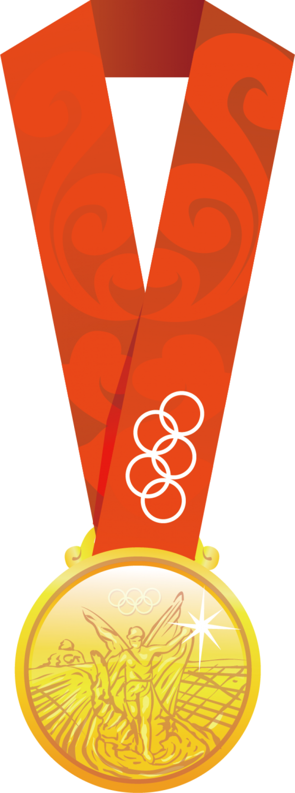 a gold medal with a red ribbon around it