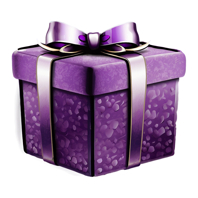 a purple gift box with a bow and ribbon