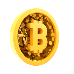 a golden bit coin on a white background