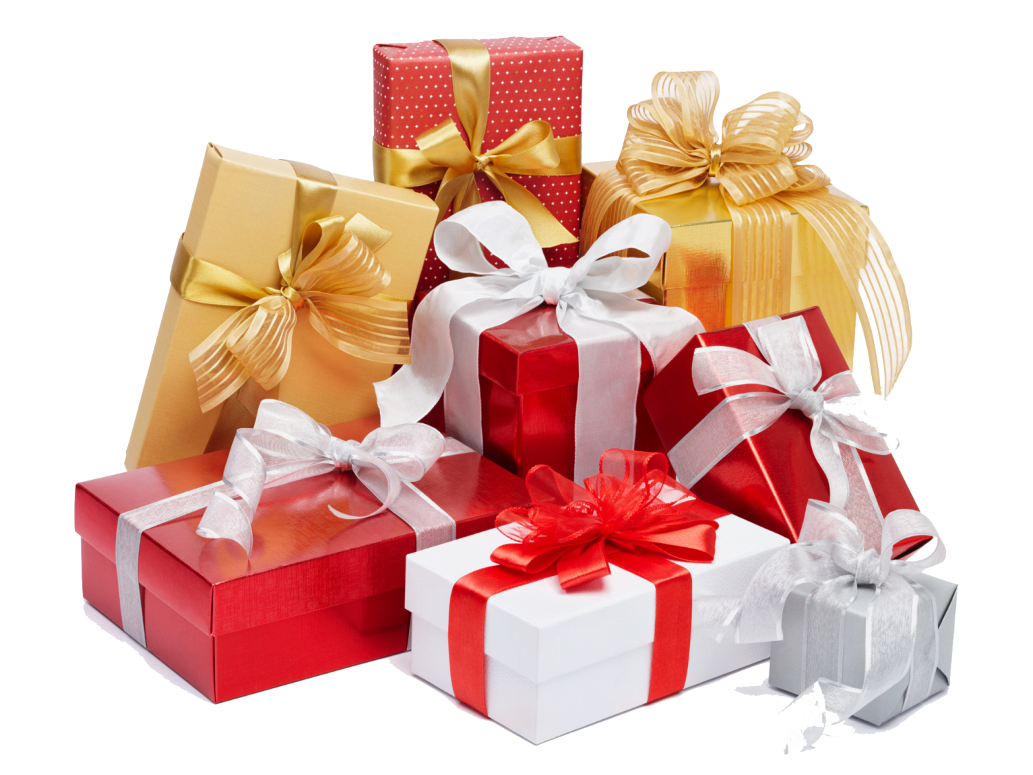 a pile of red, white and gold gift boxes