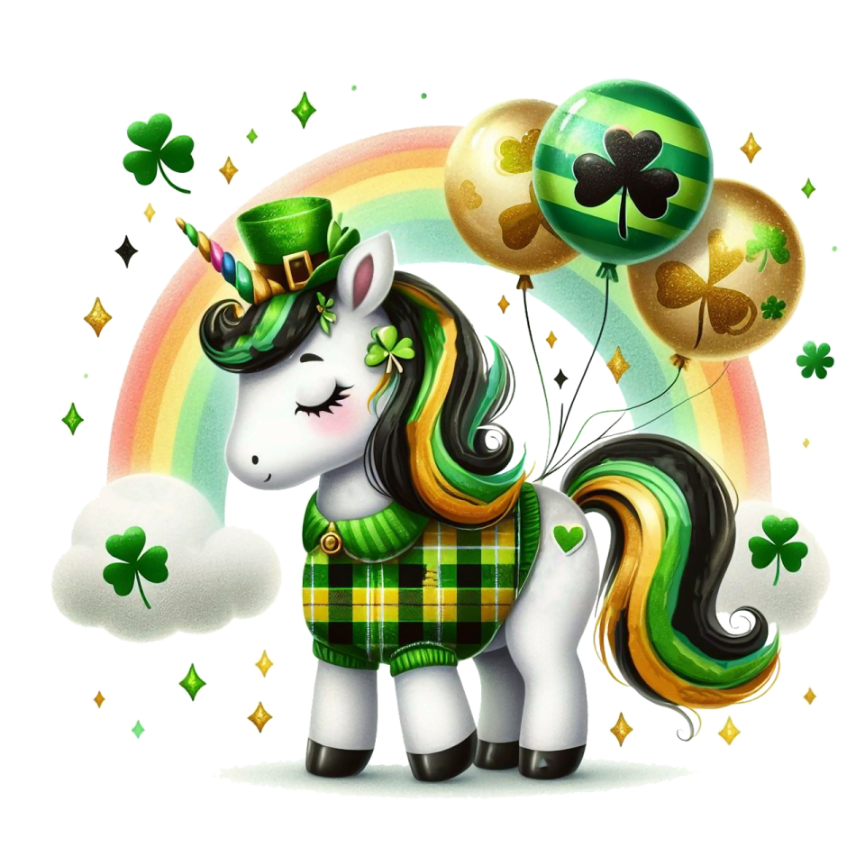 a cute unicorn with shamrocks and balloons