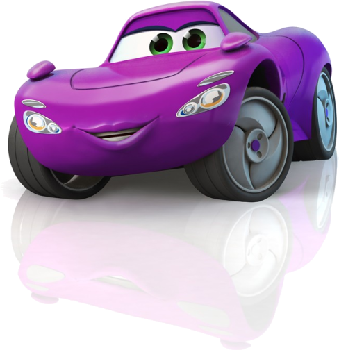 a purple car with green eyes