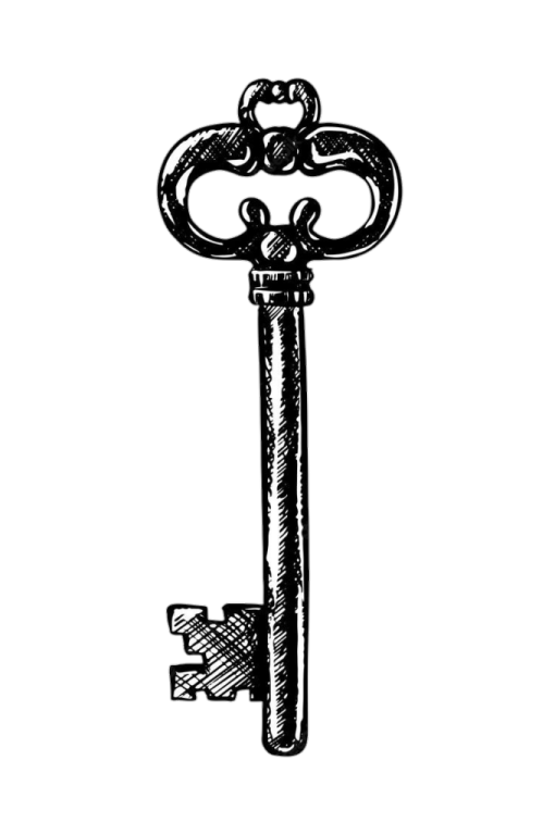 a black and white drawing of an old key