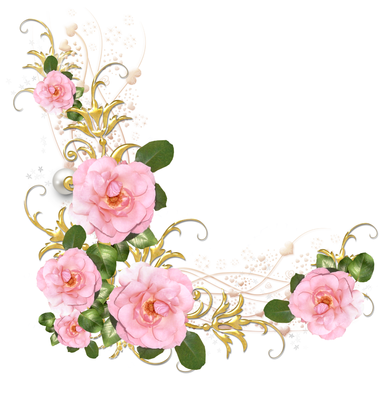 a pink flower border with gold and green leaves