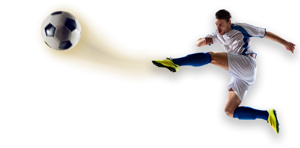 a man kicking a soccer ball in the air
