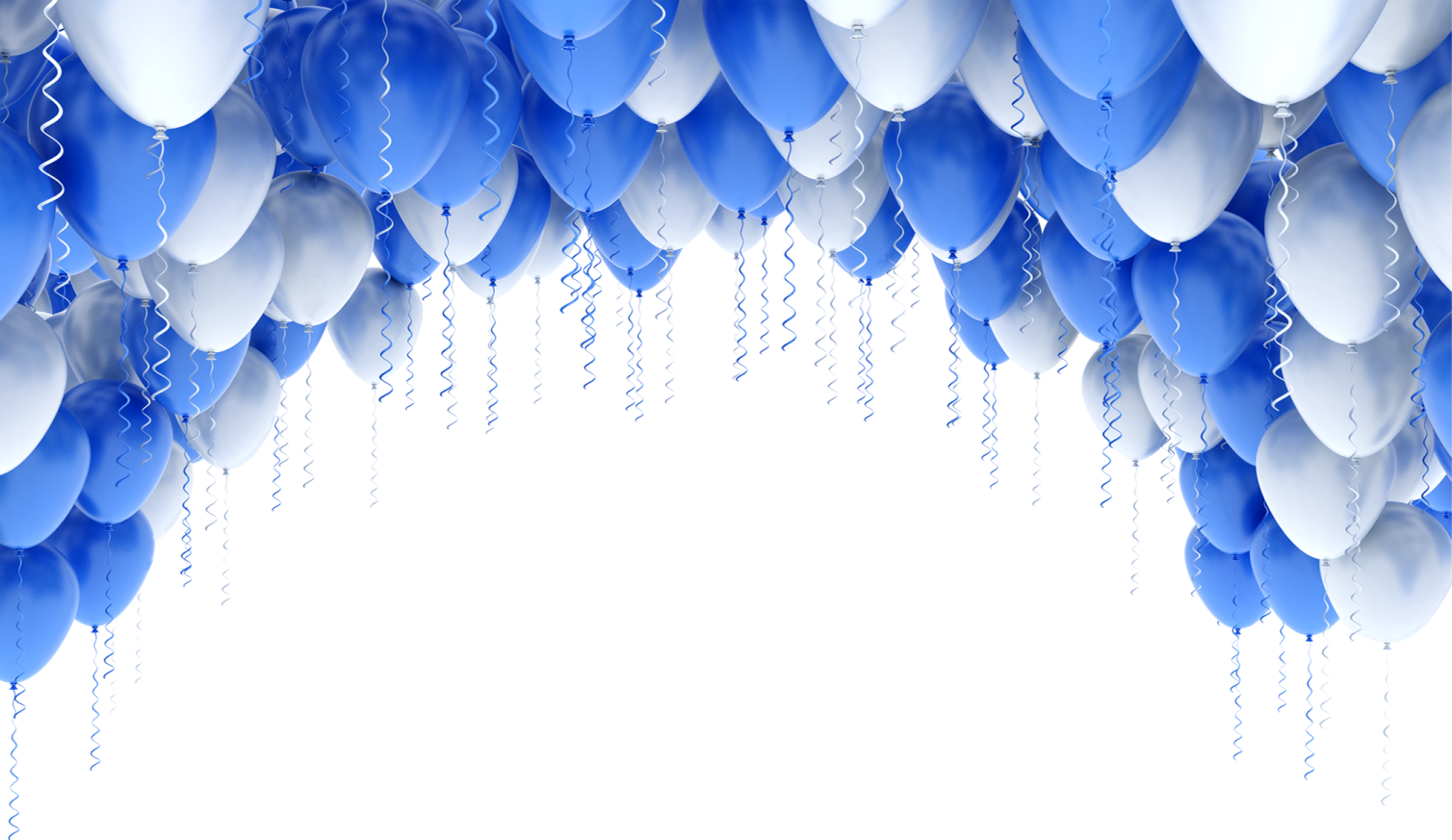 a bunch of blue and white balloons