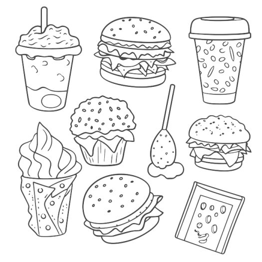 a black and white drawing of fast food