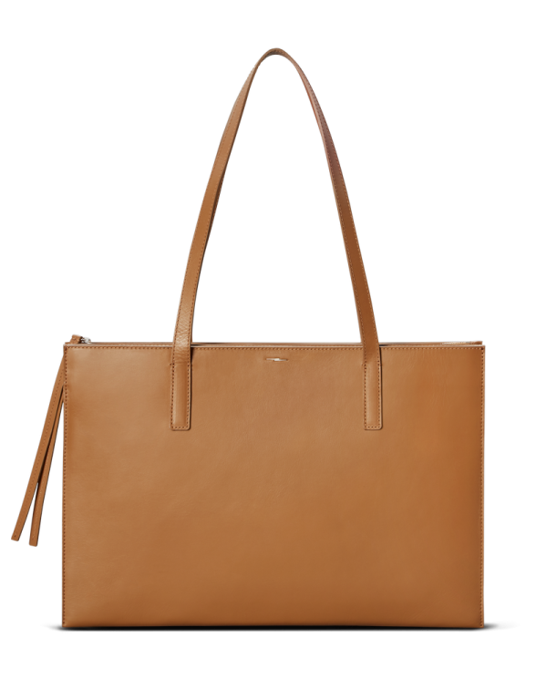 a large tan leather tote bag