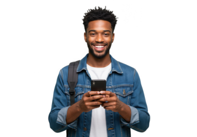 a young man in a denim jacket is smiling and looking at his phone