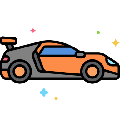 an orange race car with blue and orange stripes
