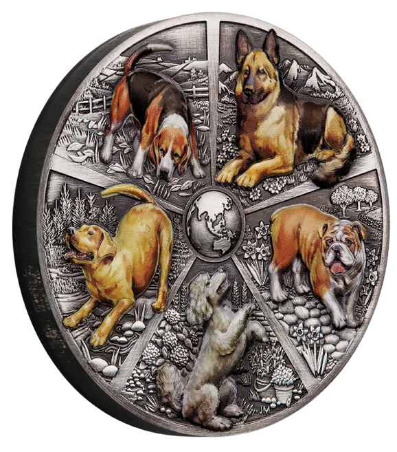 a silver coin with four dogs on it
