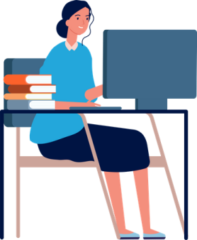 a woman sitting at a desk with books and a computer