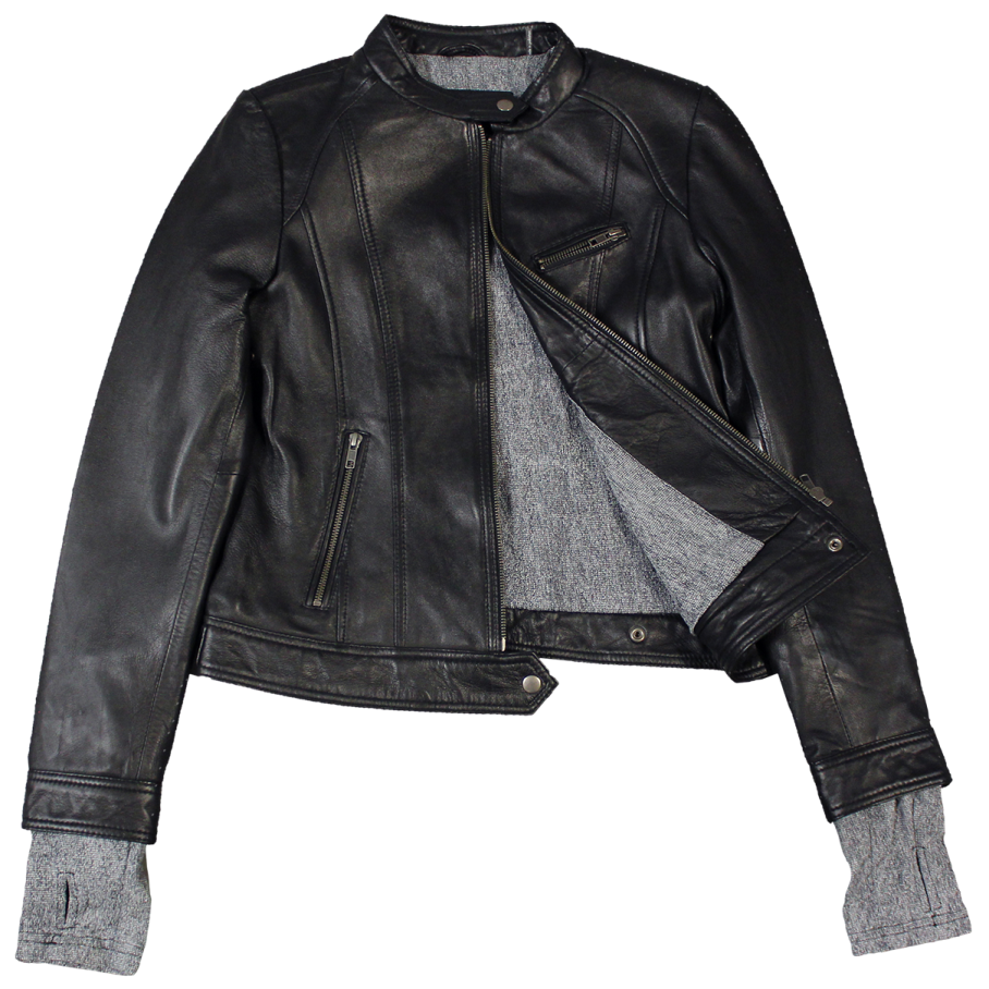 a black leather jacket on a white background