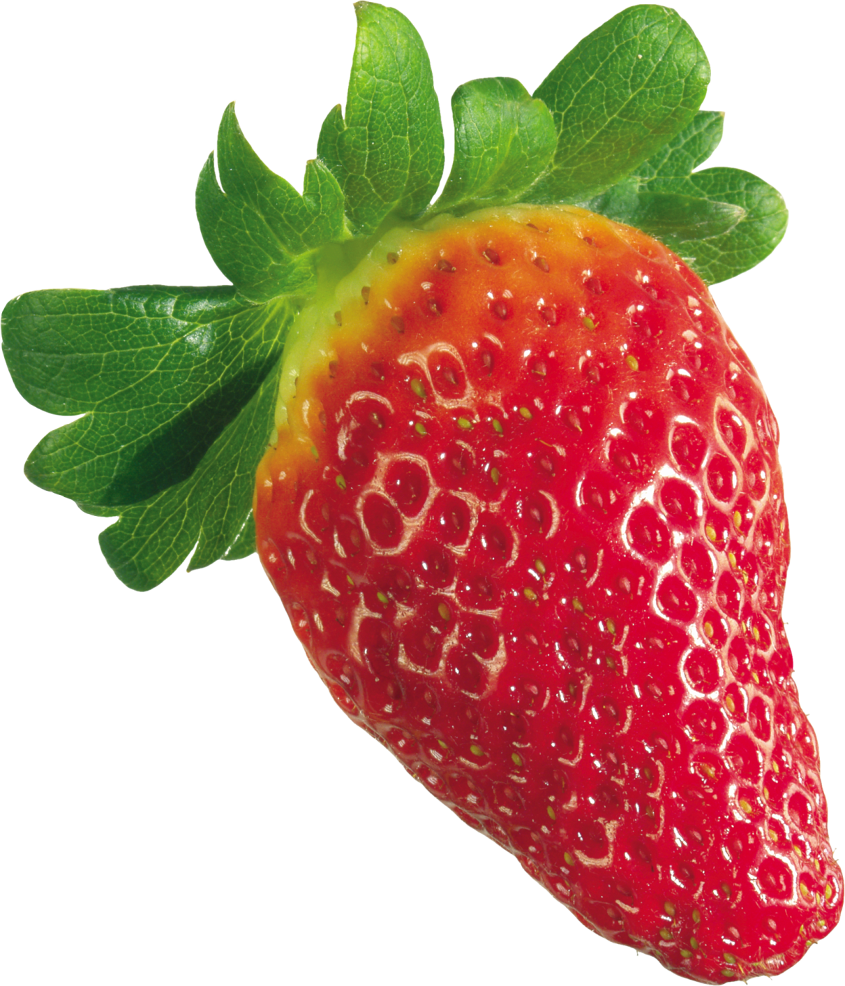 a strawberry with green leaves on it