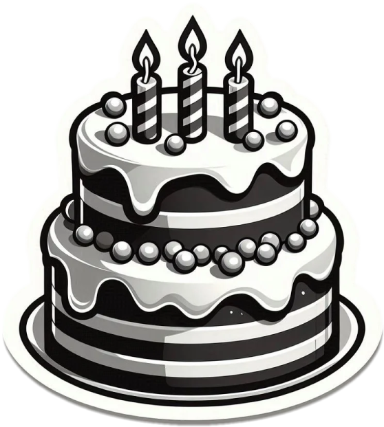 a black and white cake with candles on top