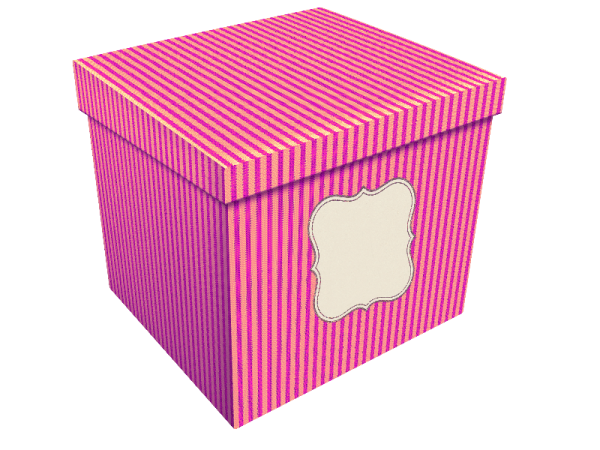a pink and yellow striped box with a white label