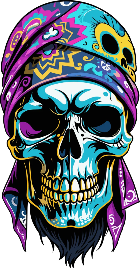 a colorful skull with a banda on his head