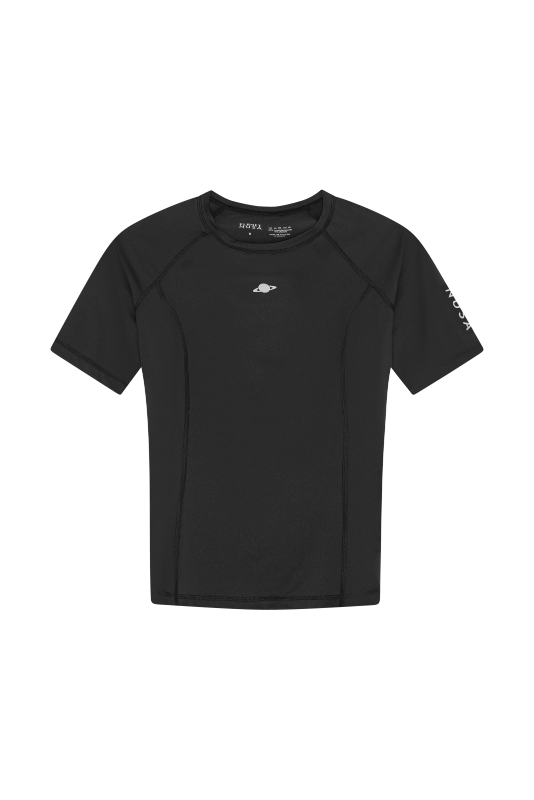 a black t - shirt with a white logo on the front