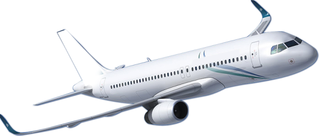 a white and green airplane flying through the air