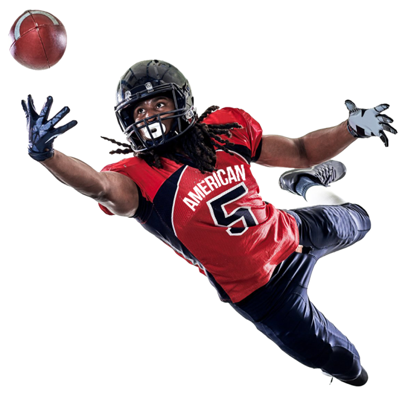 a football player in the air catching a ball