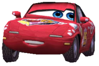 a red car with blue eyes and a white background