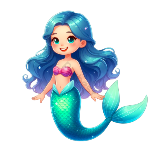 a mermaid with long blue hair and green eyes