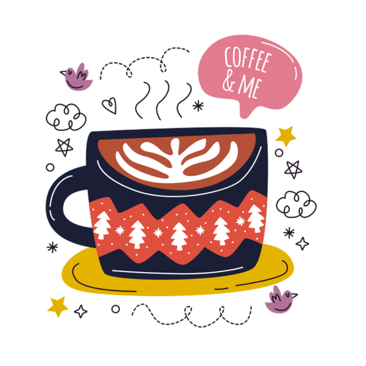 a cup of coffee with a speech bubble above it