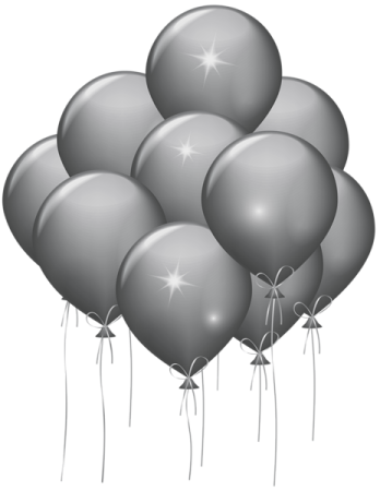a bunch of black and silver balloons