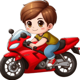 a boy riding on a red motorcycle