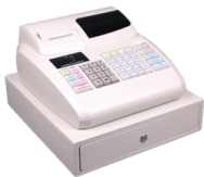 a white cash machine sitting on top of a counter