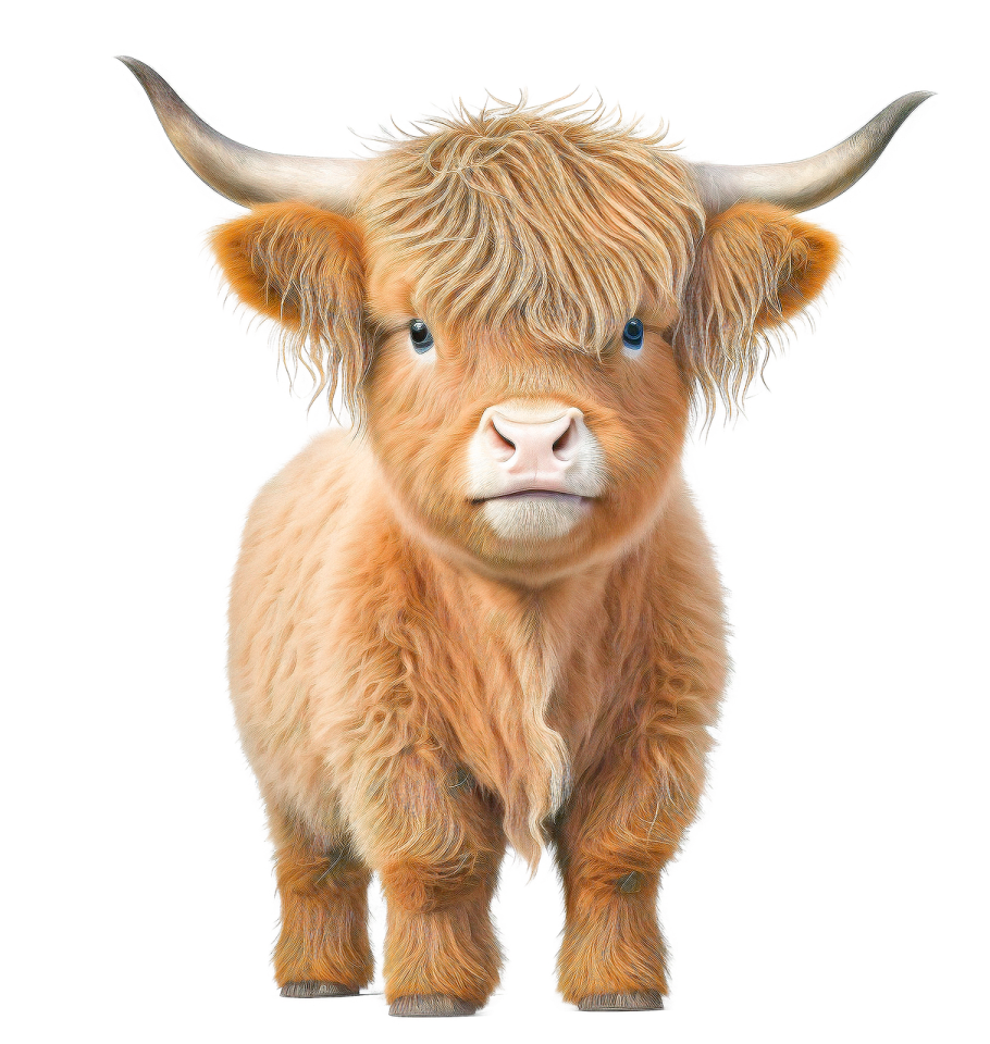 a brown cow with long hair standing on a white background