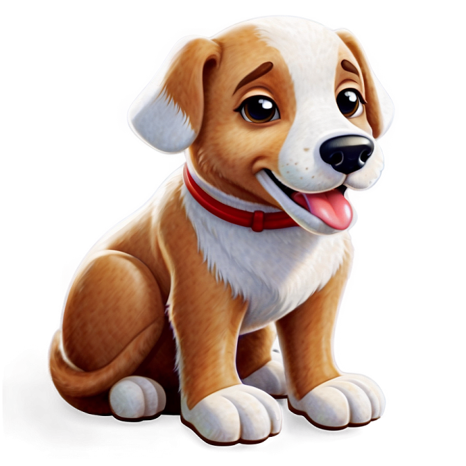 a brown and white puppy sitting down with its tongue out