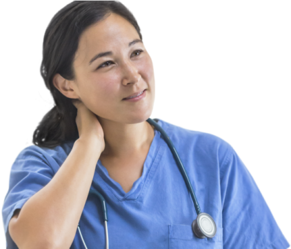 a woman in scrubs with her hand on her chin