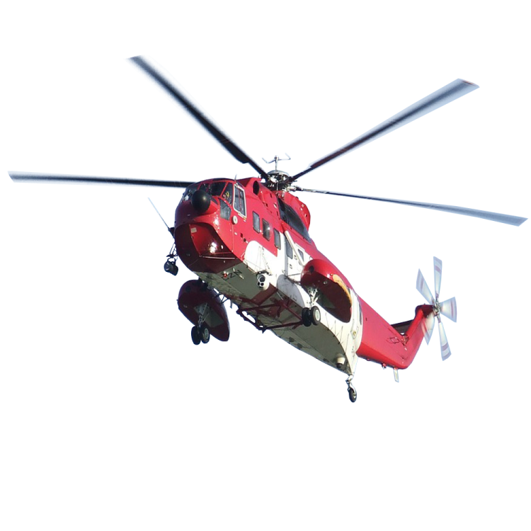 a red and white helicopter flying in the sky