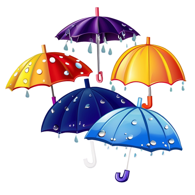 four colorful umbrellas with rain drops