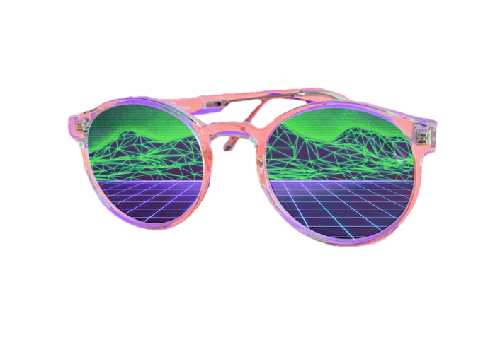 a pair of sunglasses with pink frames and green lenses