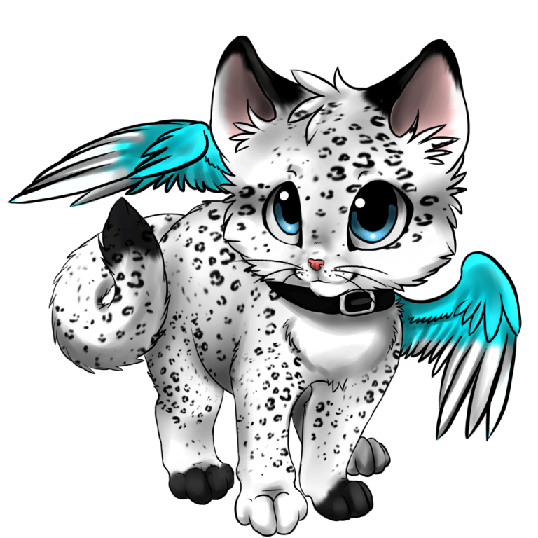 a drawing of a cat with blue wings