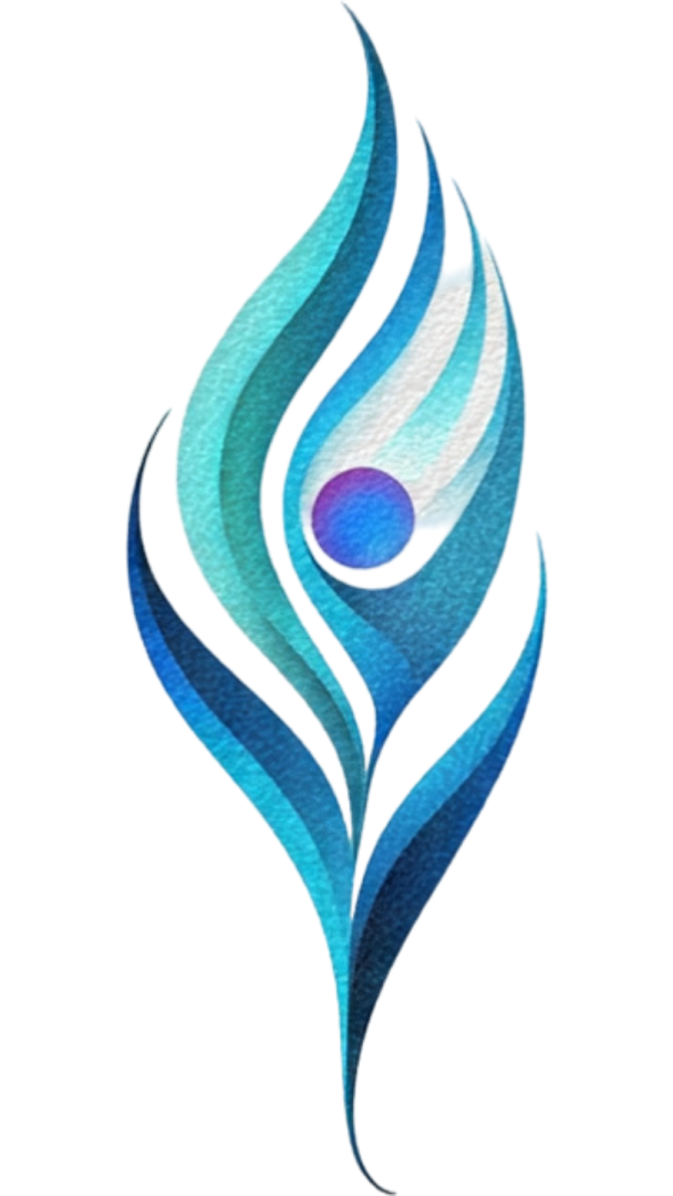 a blue and white logo with a stylized design in the center