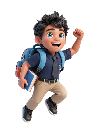 a young boy in school uniform with backpack and book