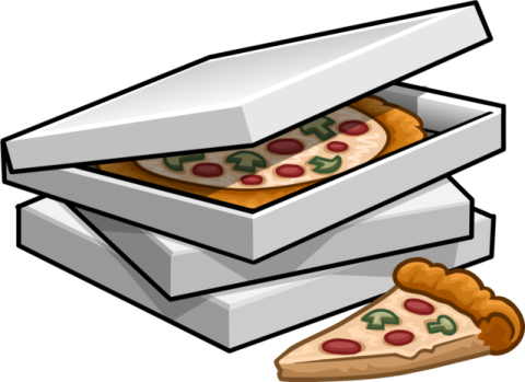 a pizza box with two slices of pizza inside