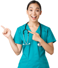 a woman in scrubs pointing at the camera