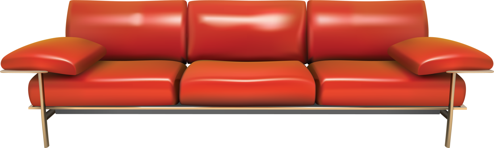 a red leather couch with wooden legs