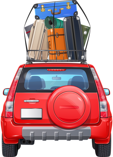 a red car with luggage on top