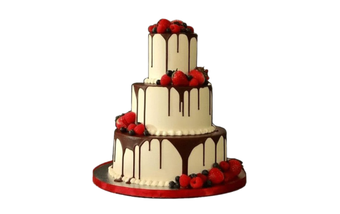a three tier cake with chocolate and strawberries on top