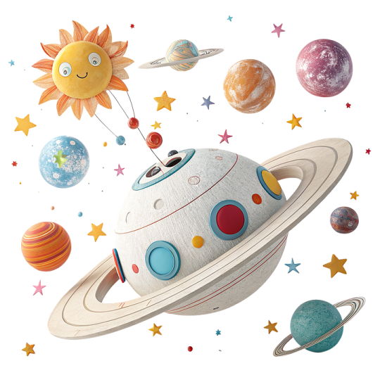 an illustration of a space ship with planets and stars
