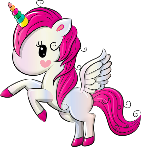 a cartoon unicorn with pink hair and a rainbow mane