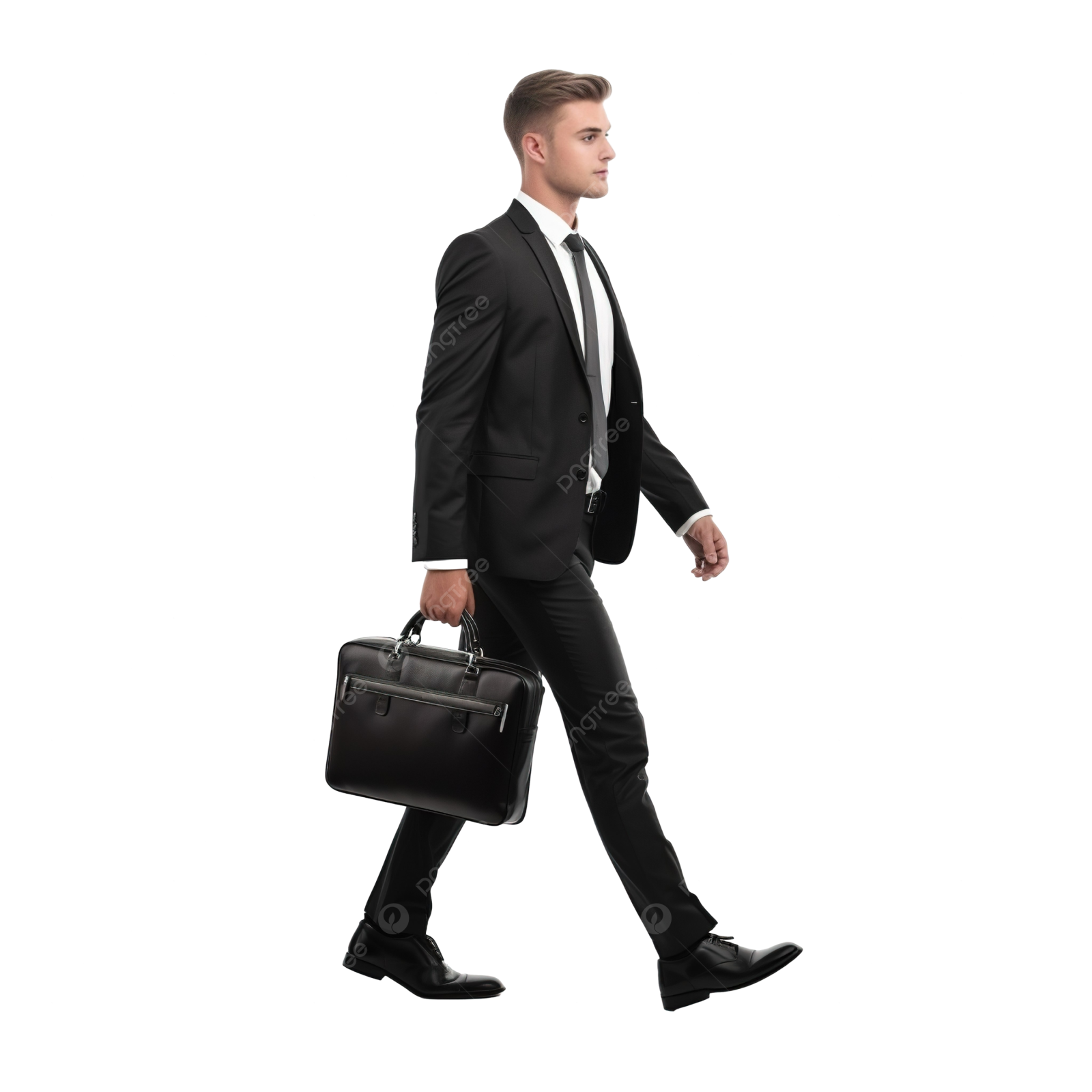 a man in a suit and tie walking with a briefcase