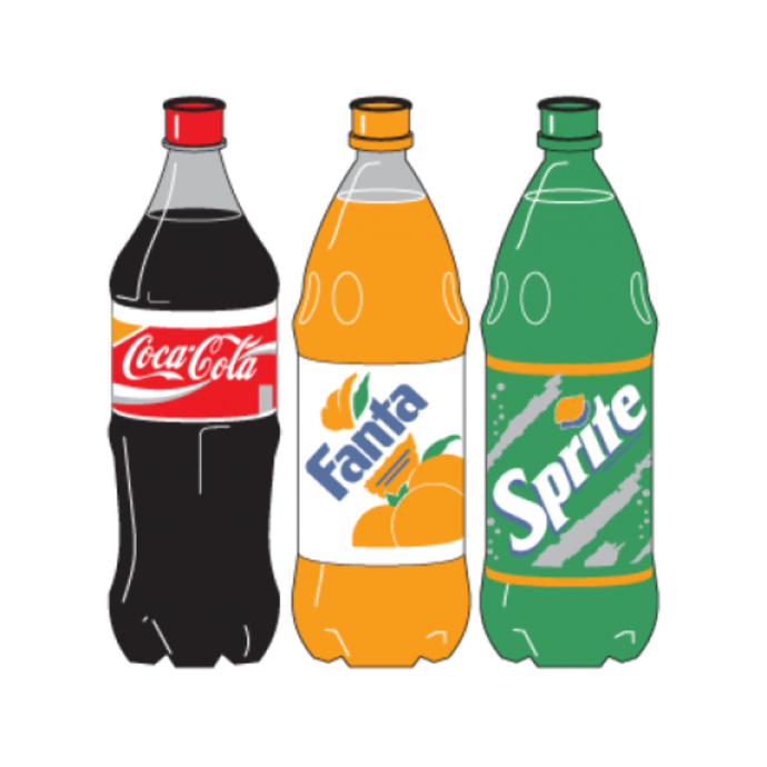three bottles of soda and a bottle of coke
