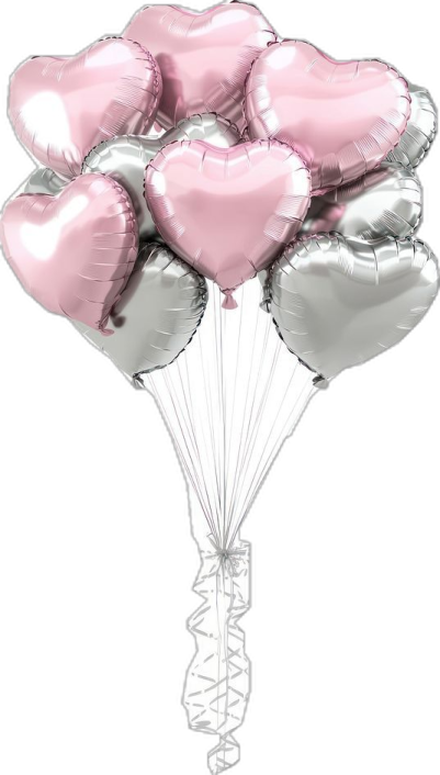 a bunch of pink and silver heart balloons